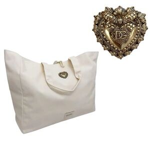 Dolce & Gabbana Devotion Cream Canvas Large Tote Bag Purse D&G Gold Heart Plaque